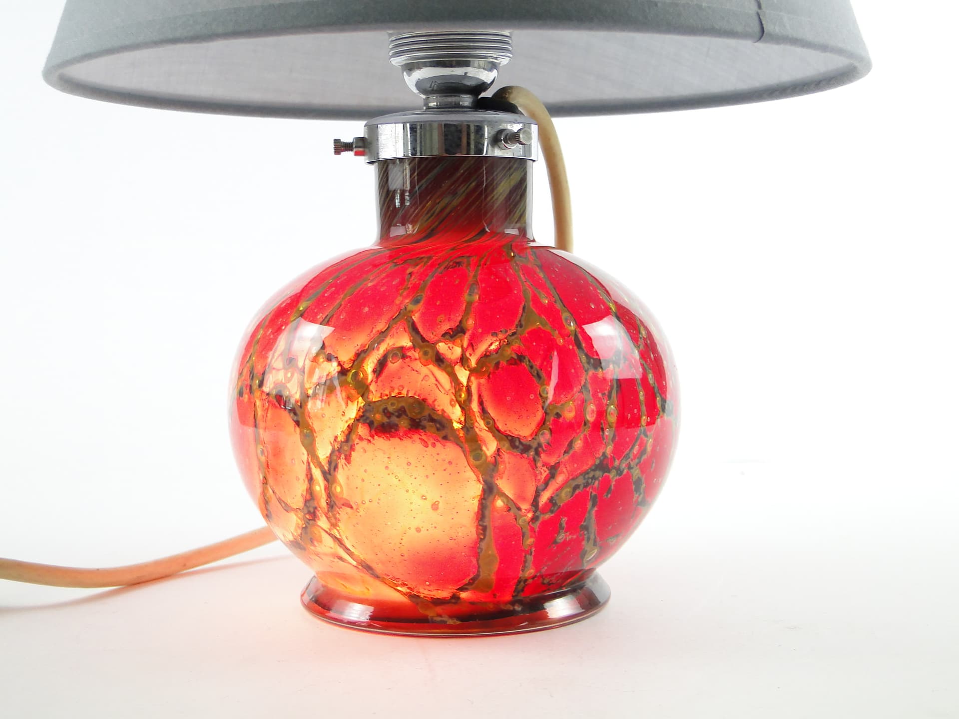 Lampa stołowa Ikora, szkło czerwony pomarańczowy żółty brązowy, abażur tkanina szary, WMF, Niemcy, lata 30. - 343187