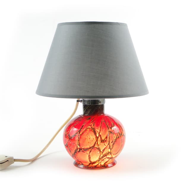 Lampa stołowa Ikora, szkło czerwony pomarańczowy żółty brązowy, abażur tkanina szary, WMF, Niemcy, lata 30. - WYMIARY