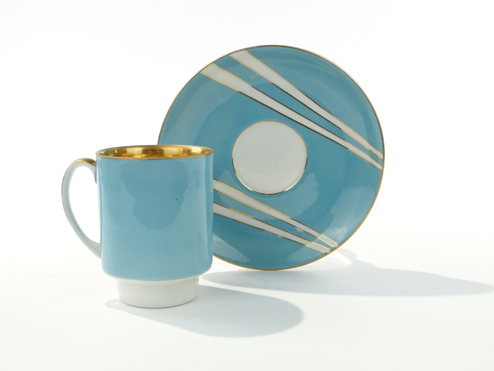 Filiżanka June, porcelana błękitna biała złocona, proj. W. Potacki, Ćmielów, Polska, lata 60. - 343368
