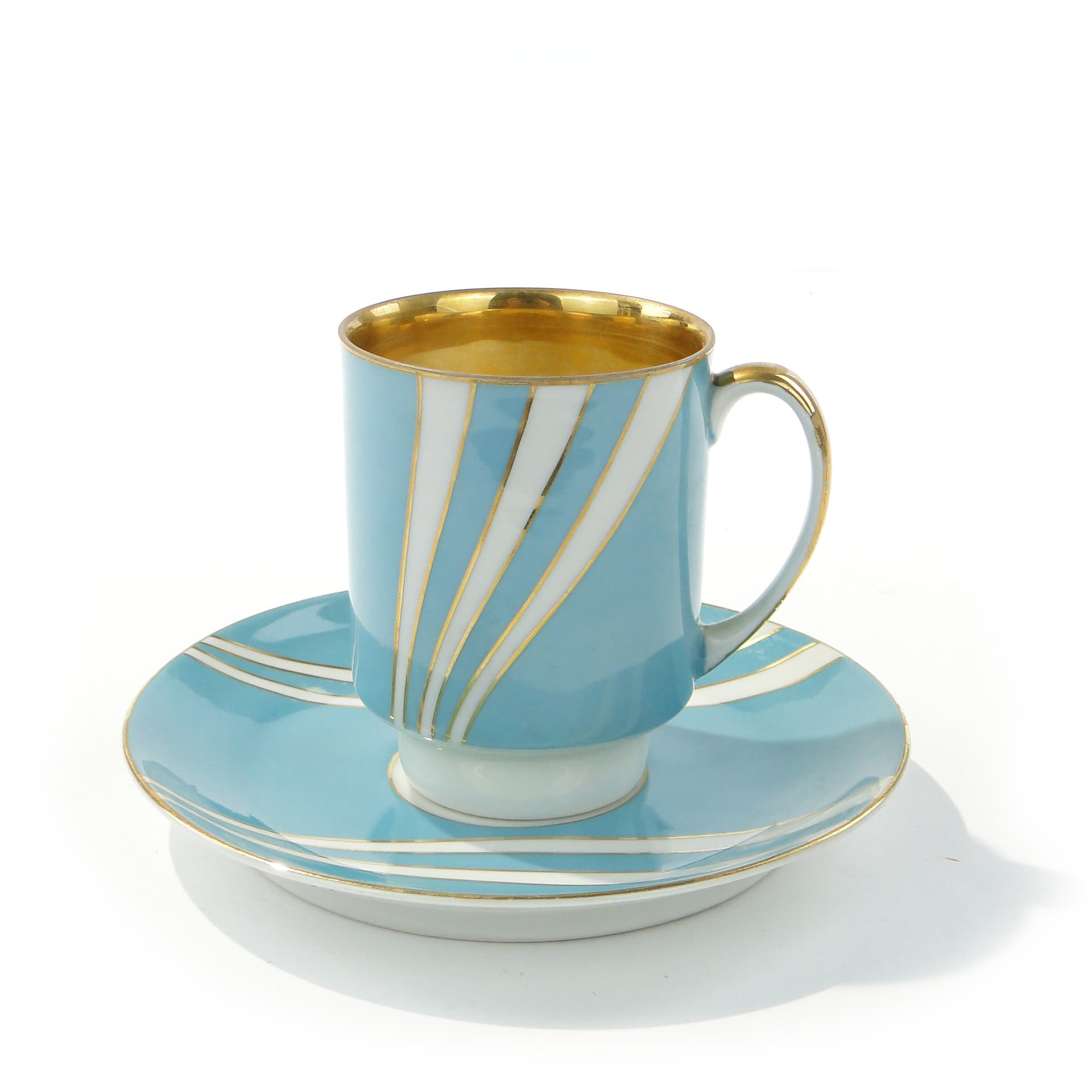 Filiżanka June, porcelana błękitna biała złocona, proj. W. Potacki, Ćmielów, Polska, lata 60. - 343363