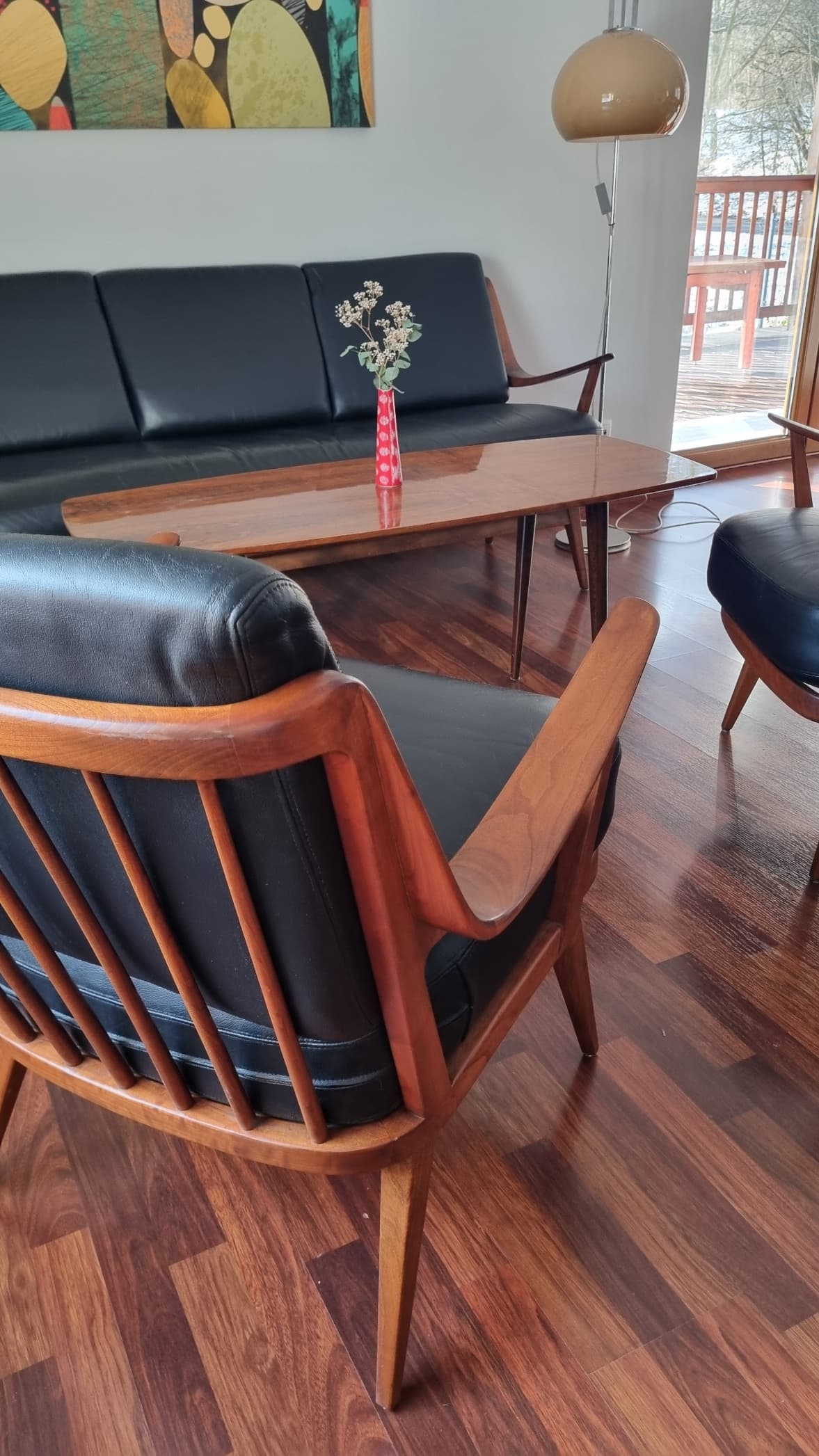 Lounge set Antimott, black leather, brown wood, Knoll, 1960s. - 343401
