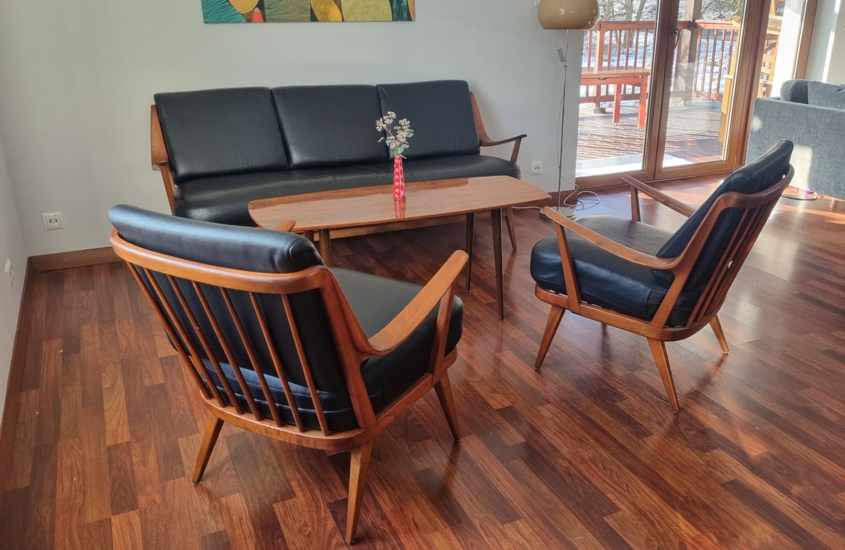 Lounge set Antimott, black leather, brown wood, Knoll, 1960s. - 343392