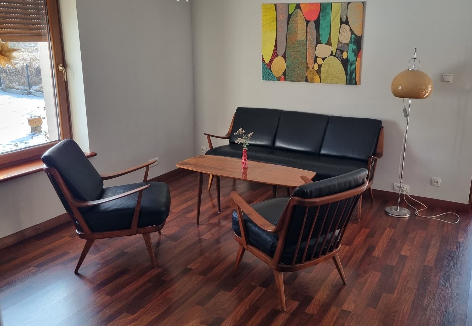 Lounge set Antimott, black leather, brown wood, Knoll, 1960s. - 343394