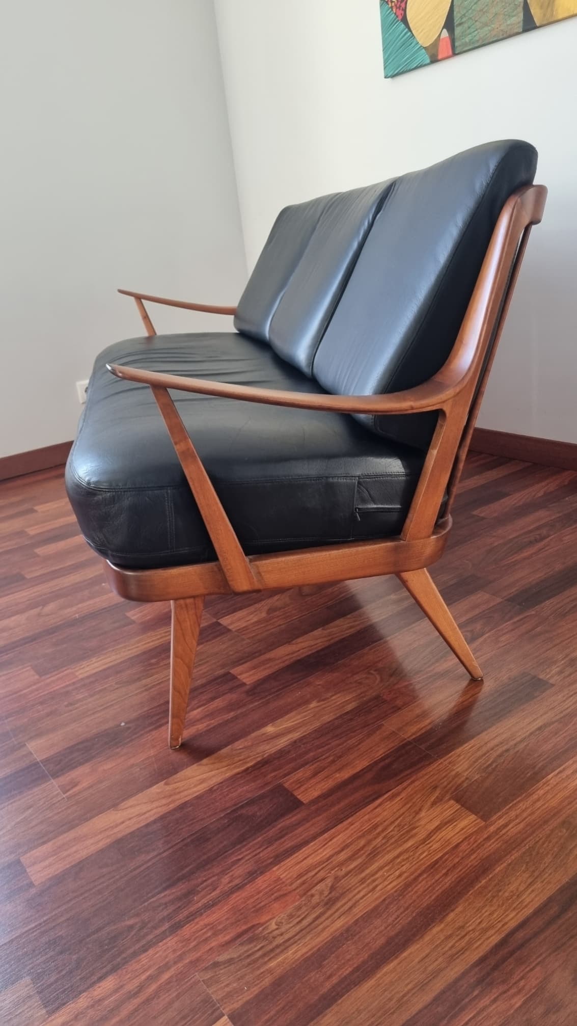 Lounge set Antimott, black leather, brown wood, Knoll, 1960s. - 343393