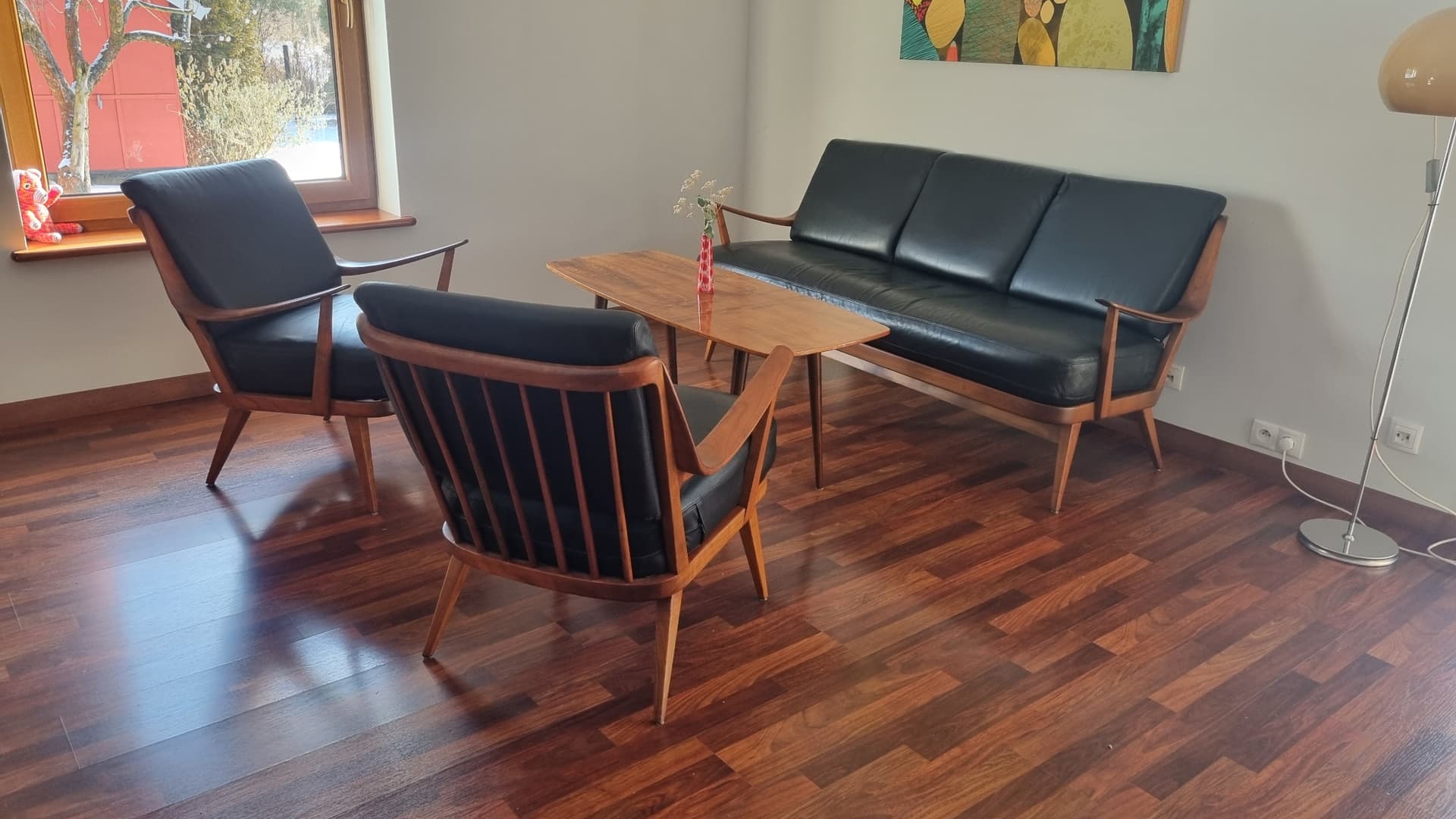 Lounge set Antimott, black leather, brown wood, Knoll, 1960s. - 343400