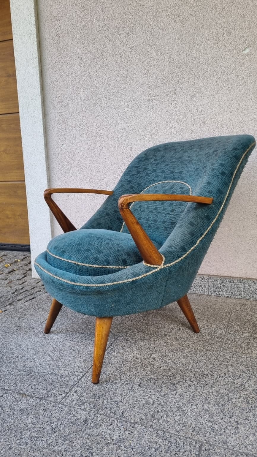 Set of sofa and two armchairs type 345, blue, fabric, brown wood, by J. Jędrachowicz, K. Racinowski, Poland, 1960s. - 343405