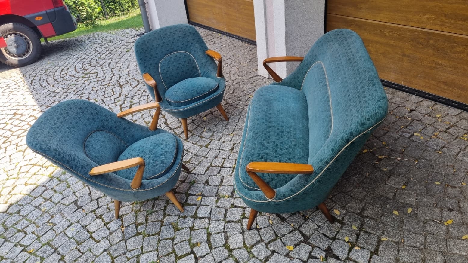 Set of sofa and two armchairs type 345, blue, fabric, brown wood, by J. Jędrachowicz, K. Racinowski, Poland, 1960s. - 343409