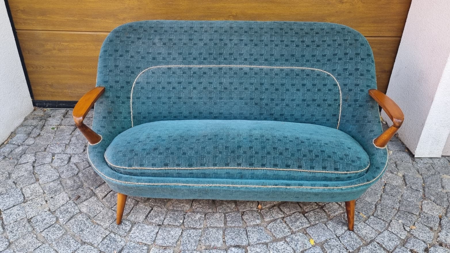 Set of sofa and two armchairs type 345, blue, fabric, brown wood, by J. Jędrachowicz, K. Racinowski, Poland, 1960s. - 343407