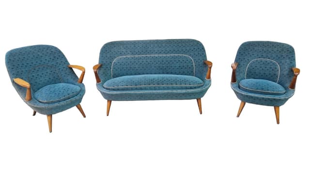 Set of sofa and two armchairs type 345, blue, fabric, brown wood, by J. Jędrachowicz, K. Racinowski, Poland, 1960s. - DIMENSION