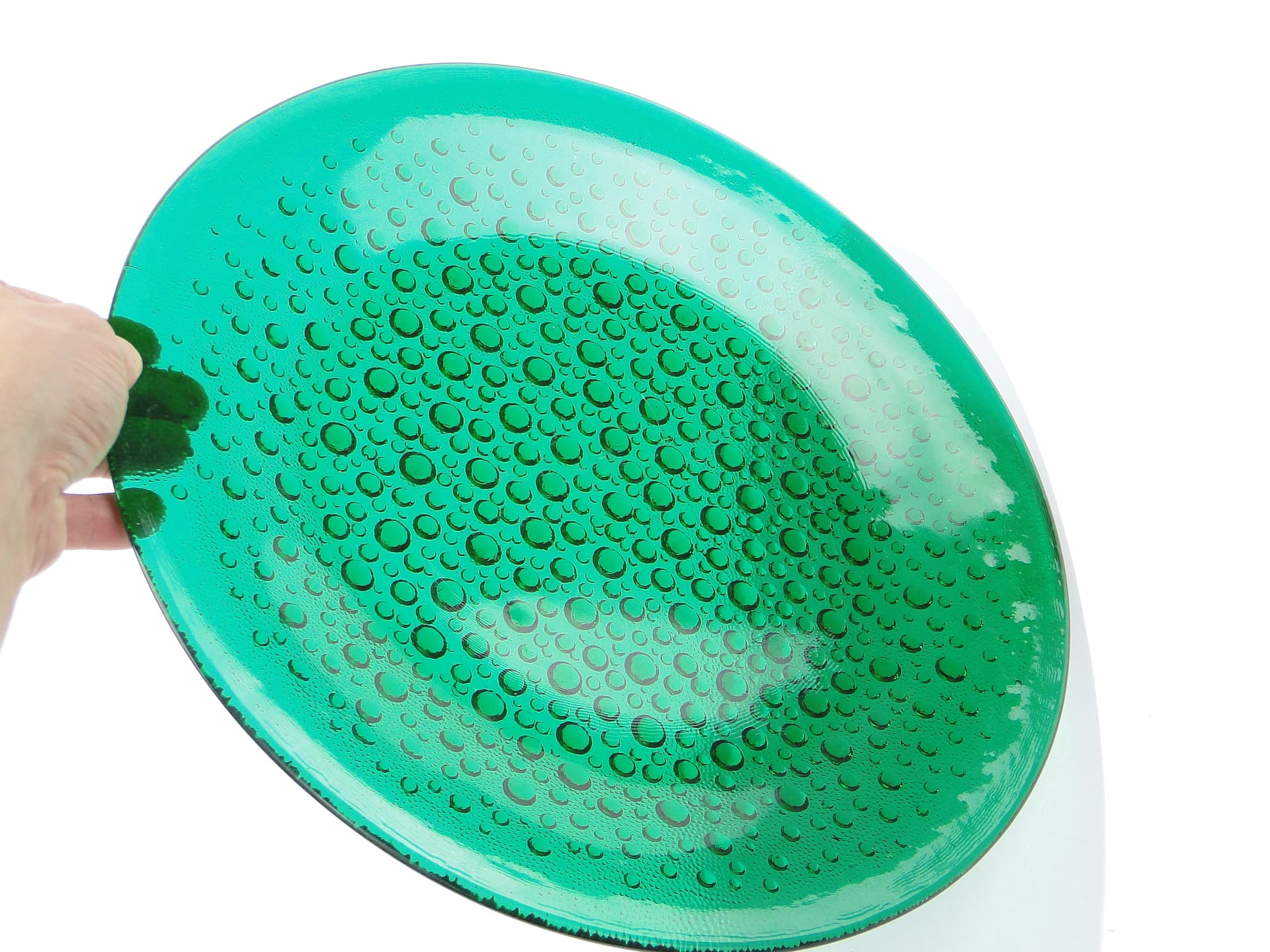 Platter Krople Rosy, green, glass, by J. S. Drost, Ząbkowice, Poland, 1970s. - 343415