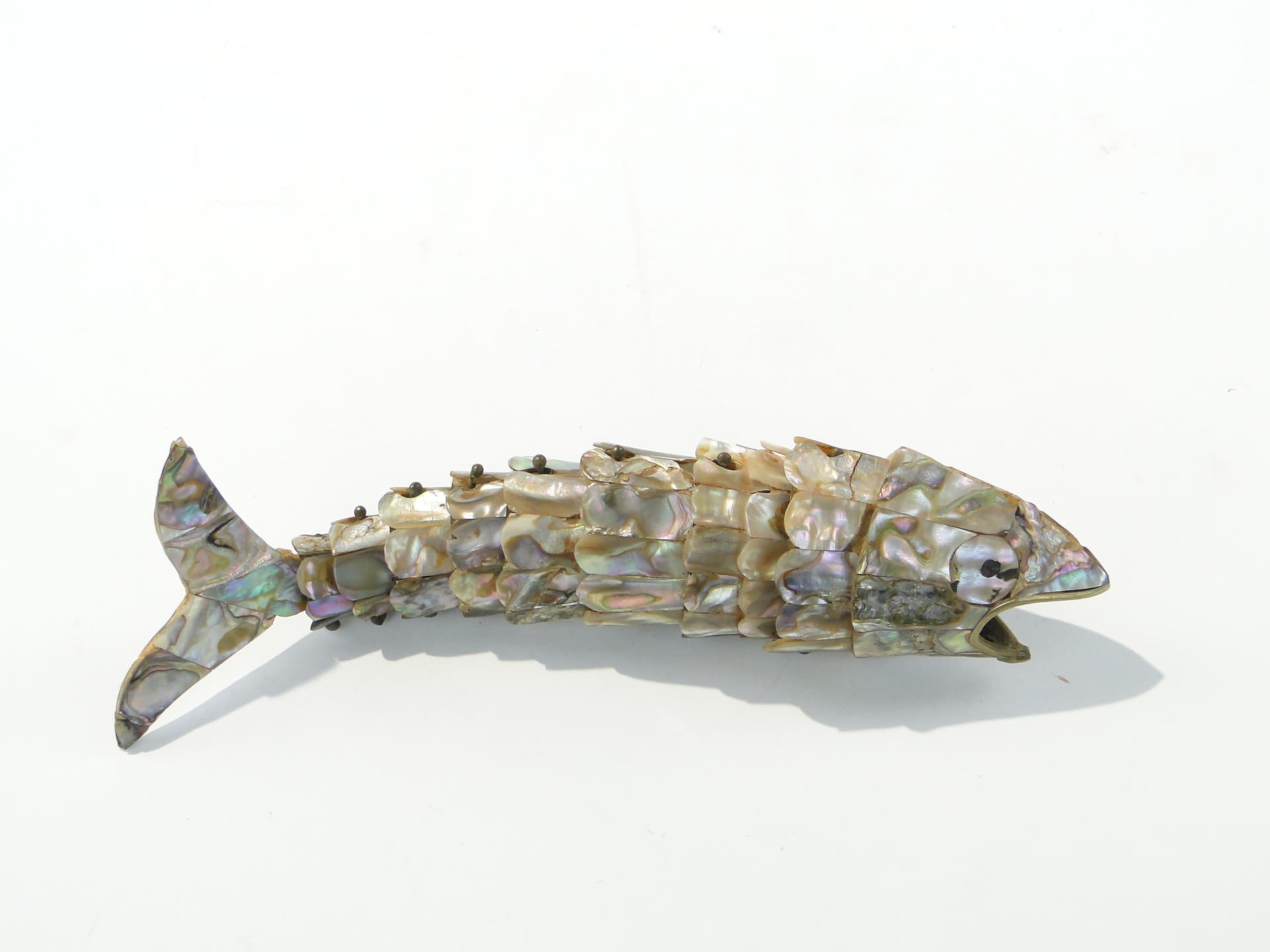 Fish figurine, multicolor mother-of-pearl, brass, early 20th century