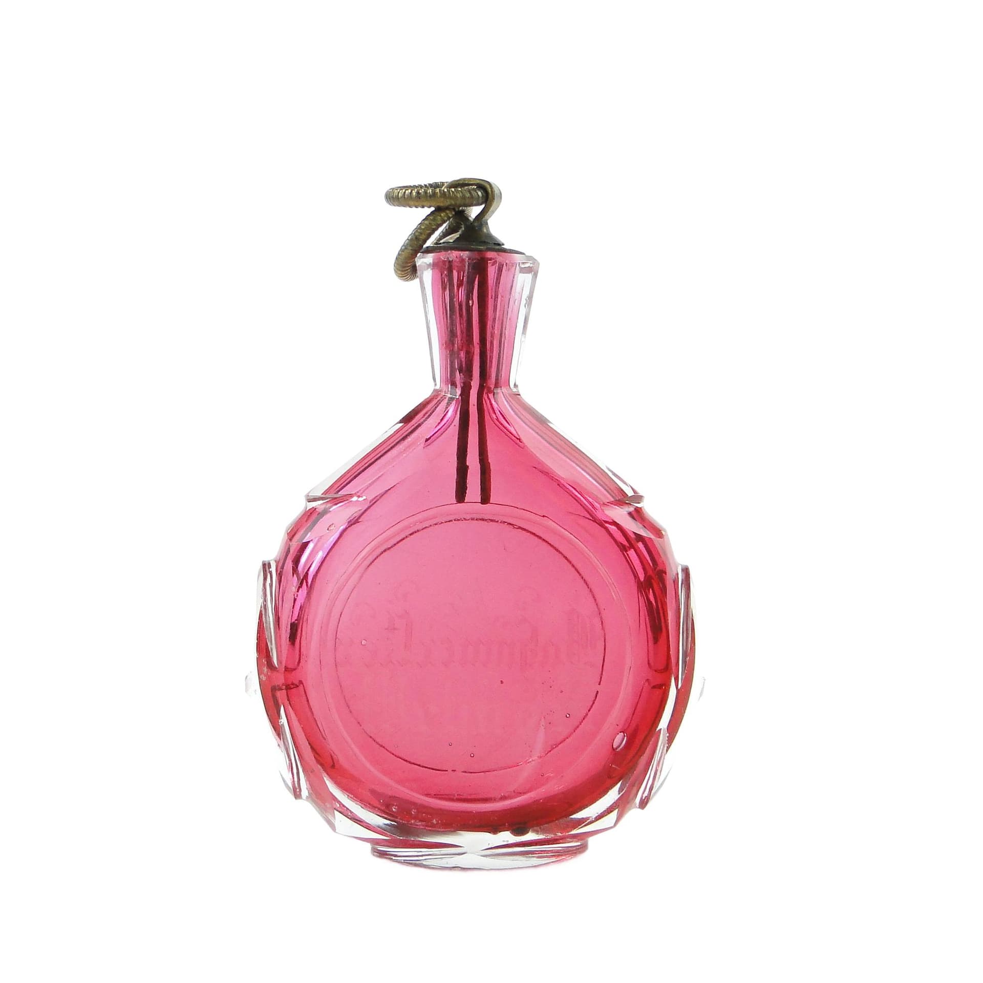 Snuff Bottle, Josefina, pink clear glass, bronze, Czech Republic, turn of the 19th and 20th centuries