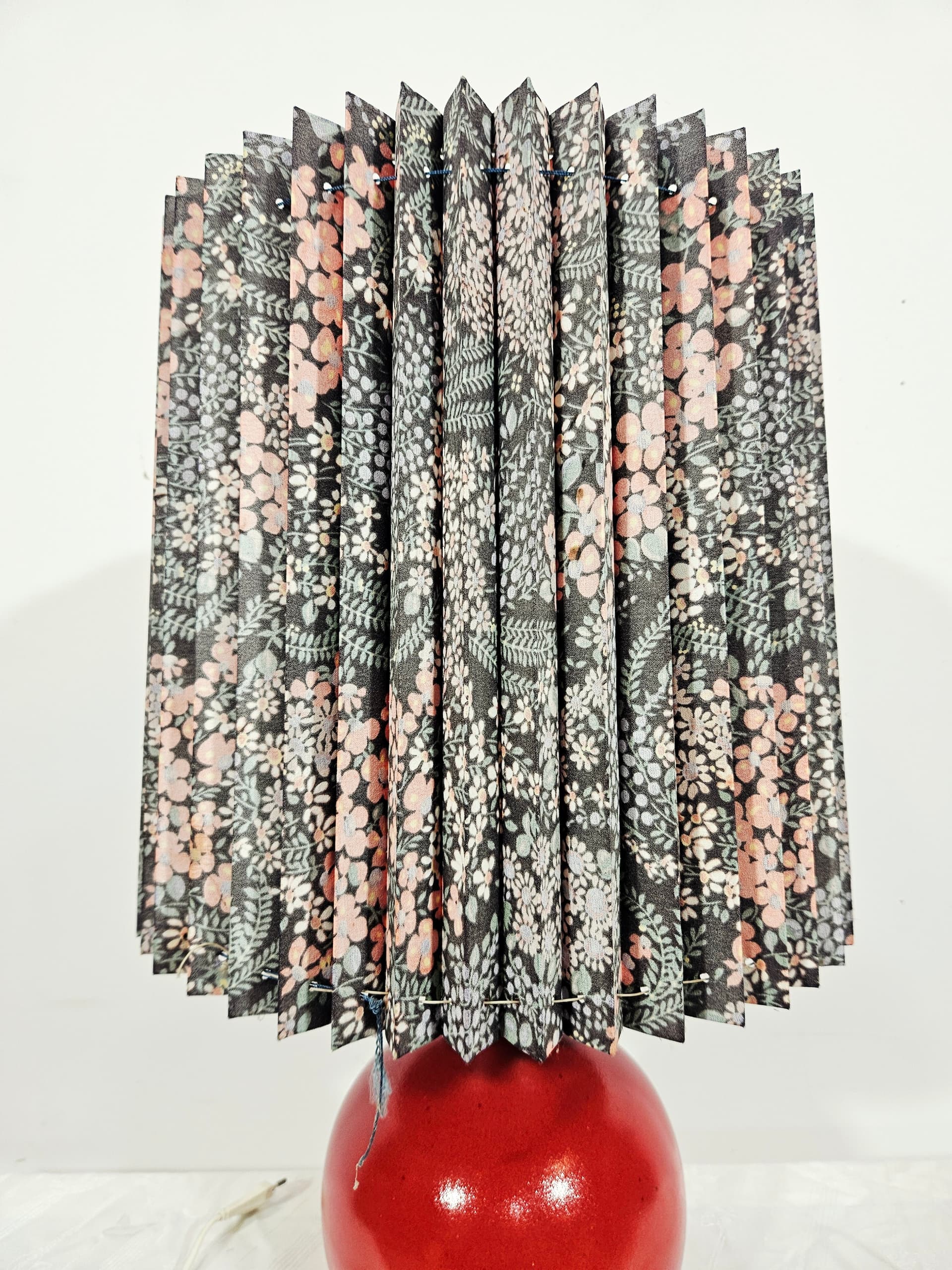 Table lamp, 574, red ceramic, floral fabric shade, ARO Leuchte - 343551