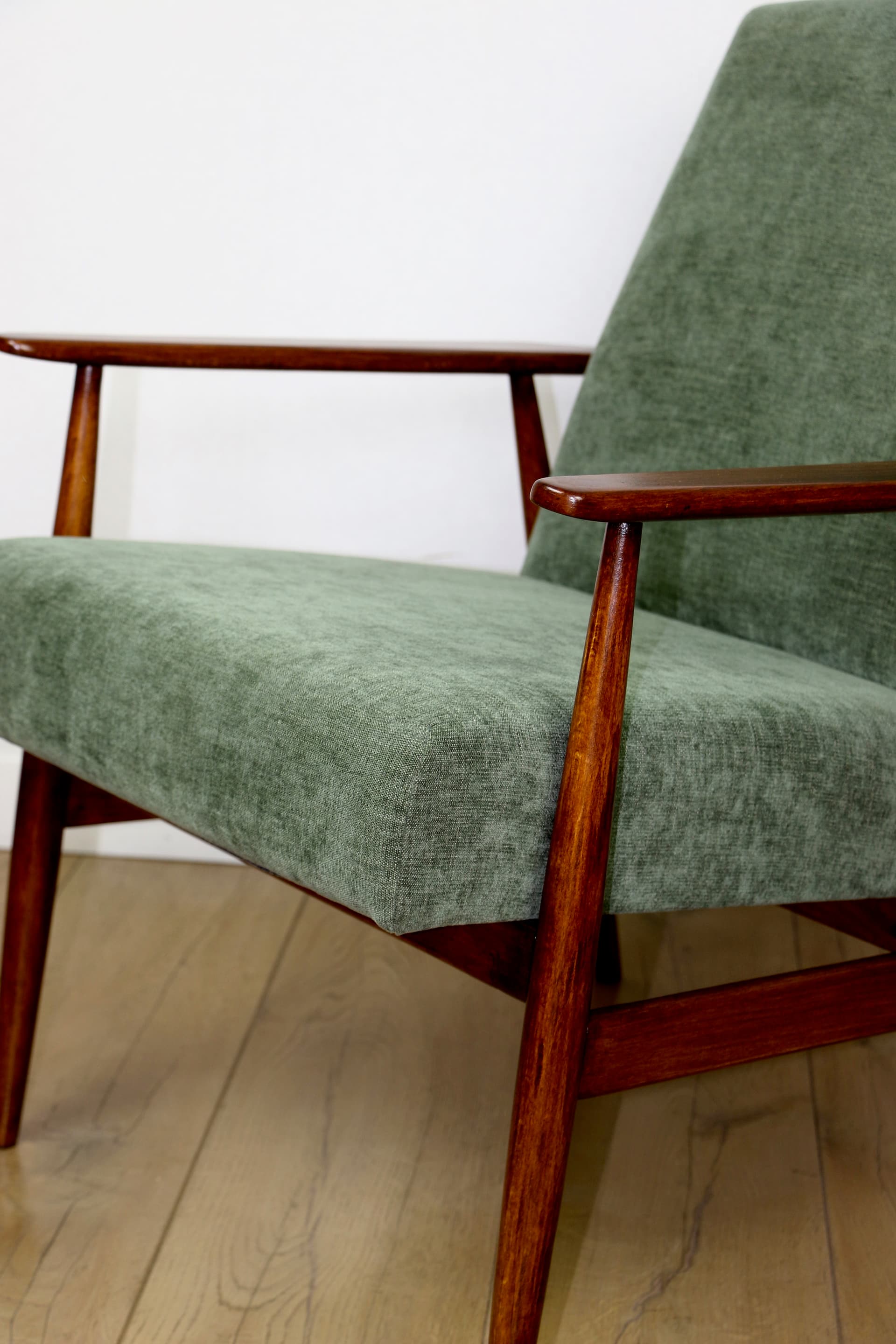 Armchair Lis, olive green, fabric, beech, by H. Lis, Poland, 1970s. - 343609