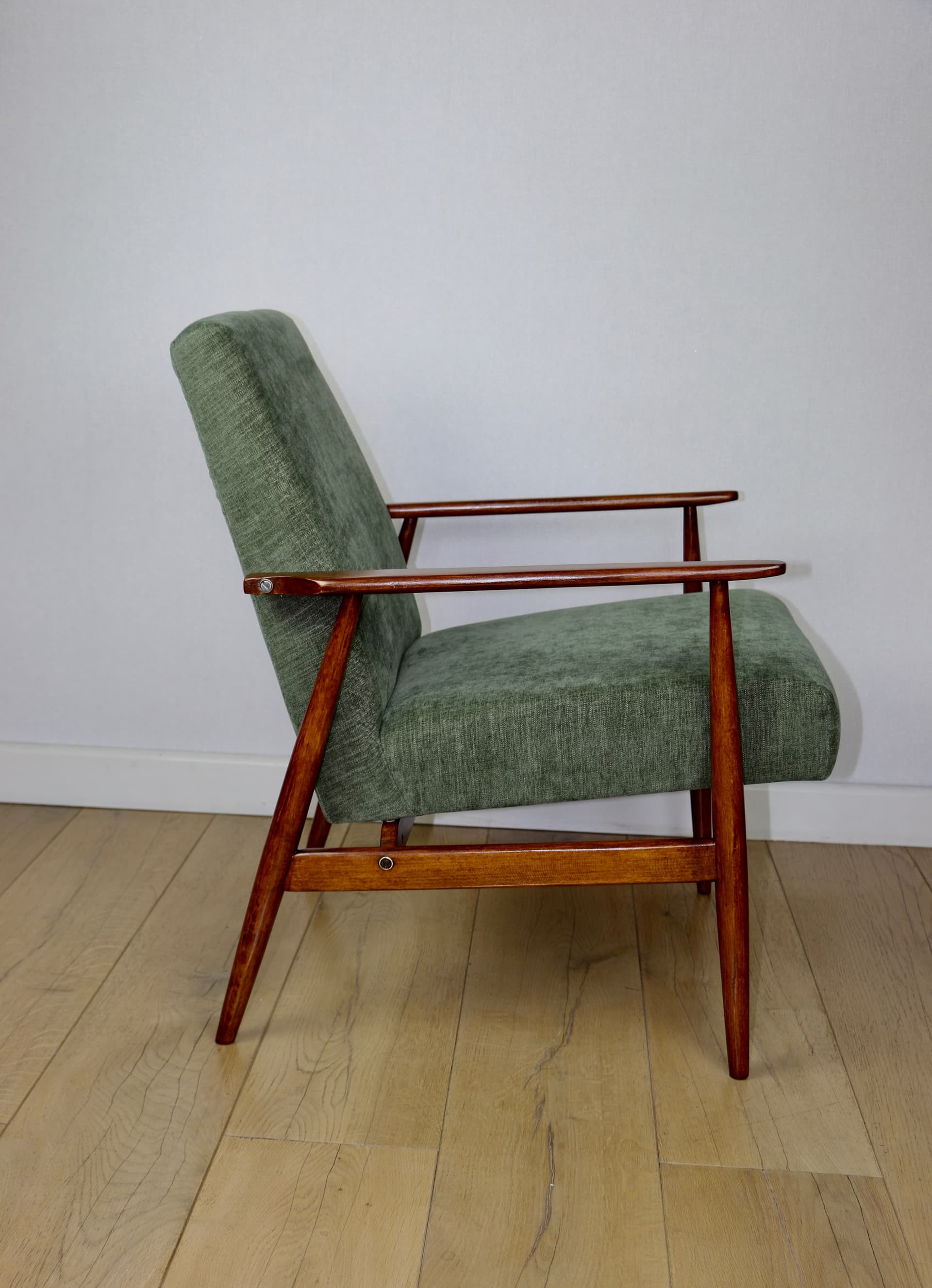 Armchair Lis, olive green, fabric, beech, by H. Lis, Poland, 1970s. - 343604