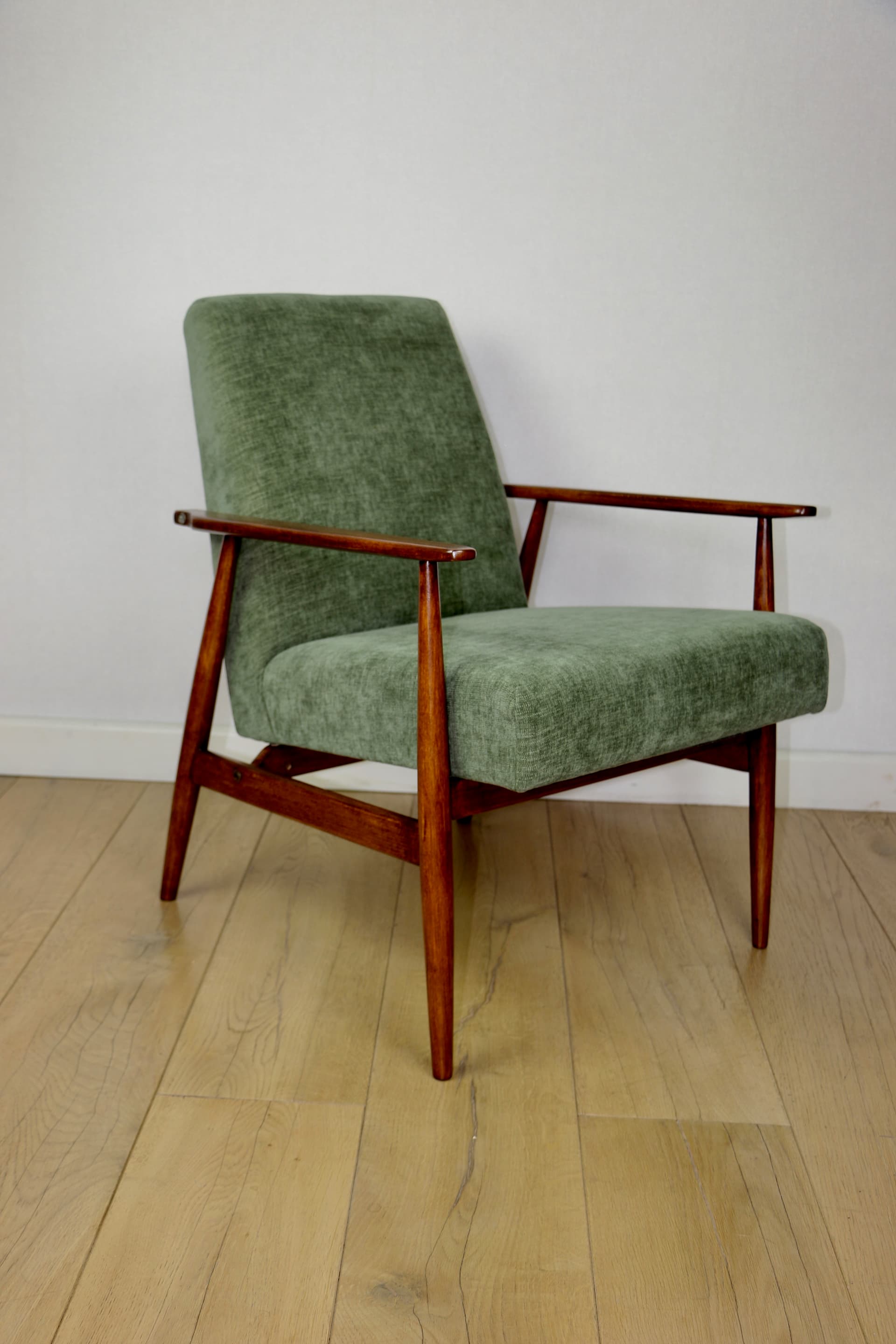 Armchair Lis, olive green, fabric, beech, by H. Lis, Poland, 1970s. - 343601