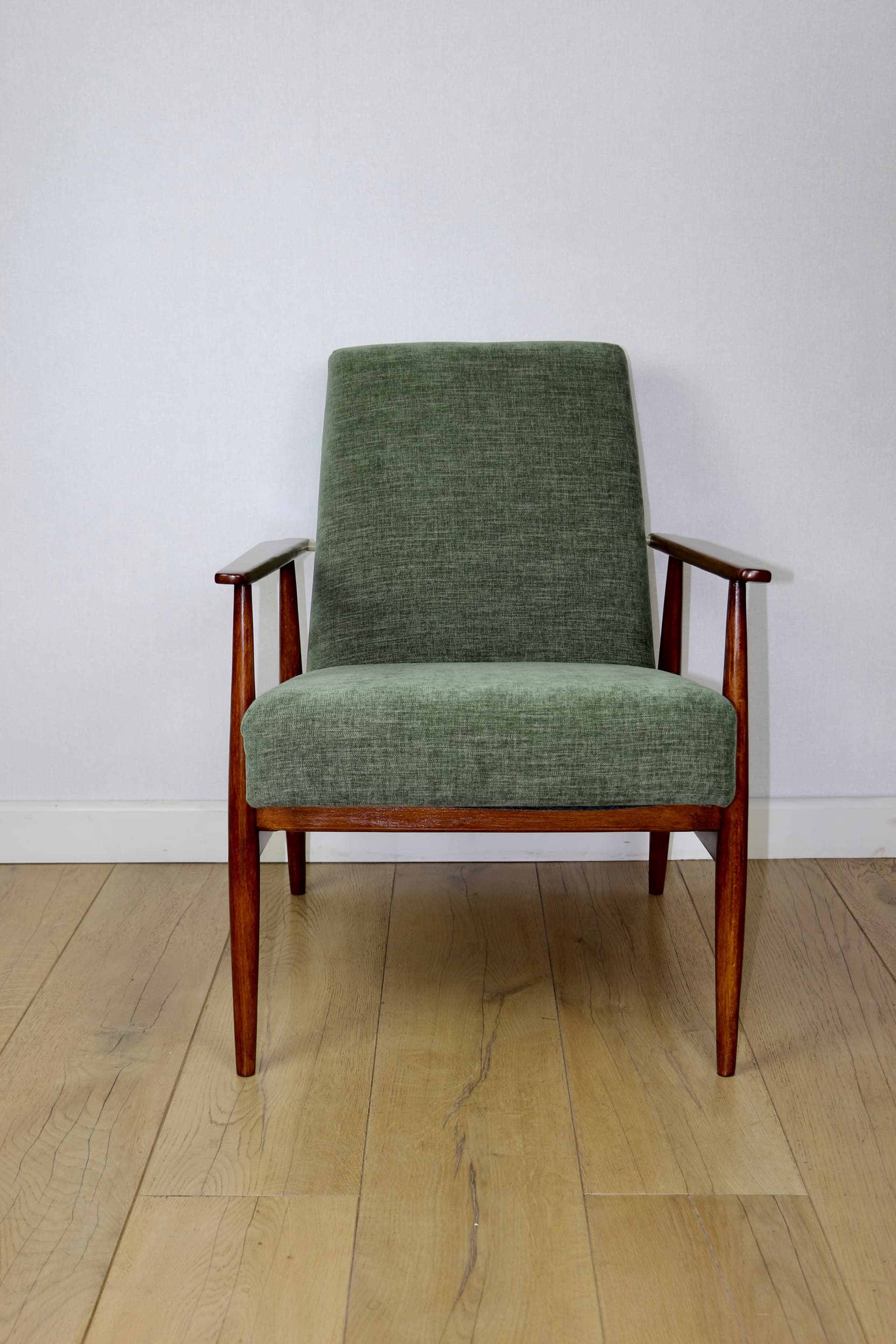 Armchair Lis, olive green, fabric, beech, by H. Lis, Poland, 1970s. - 343602