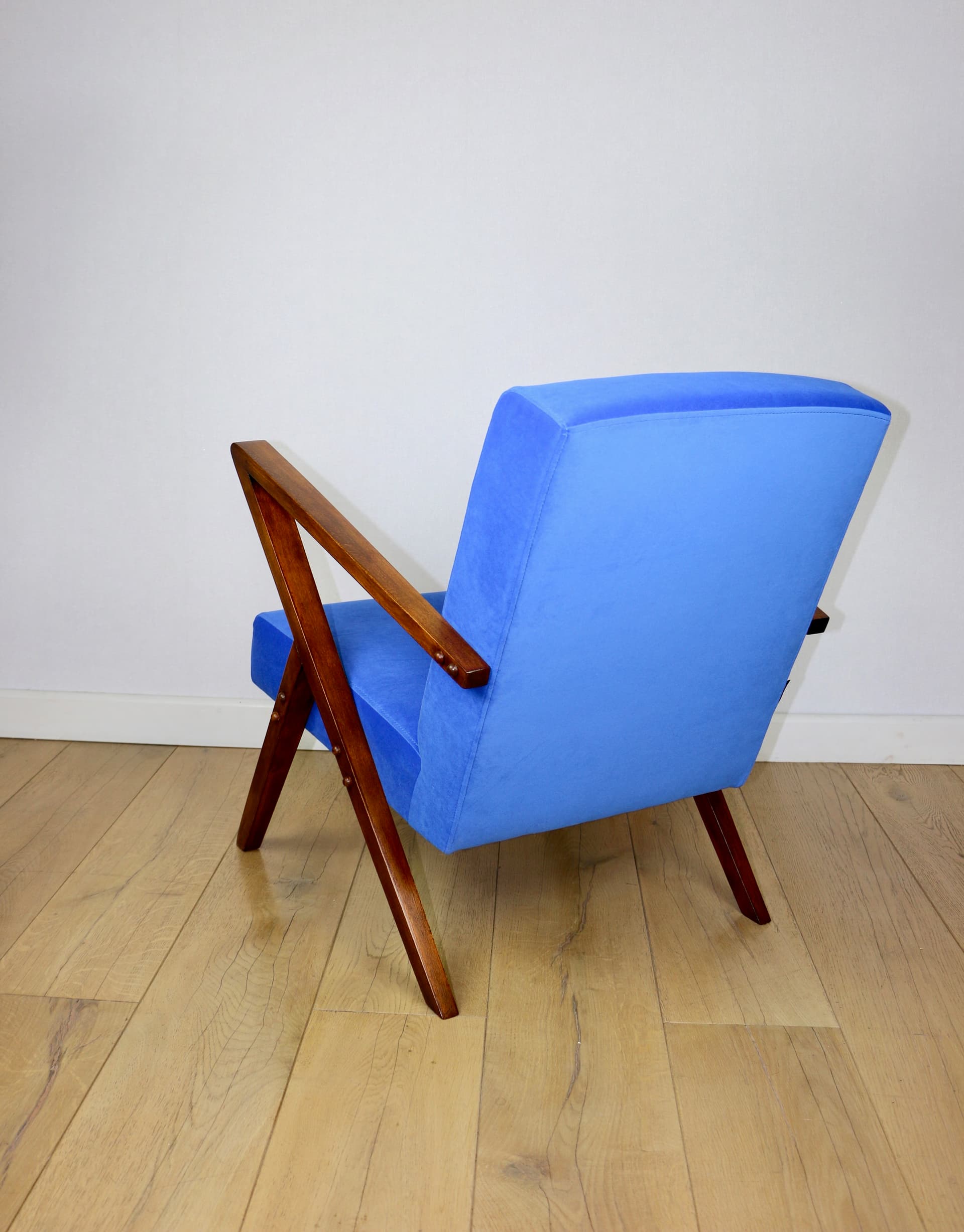Lounge Armchair, blue velvet, brown beech, Poland, 1970s. - 343617
