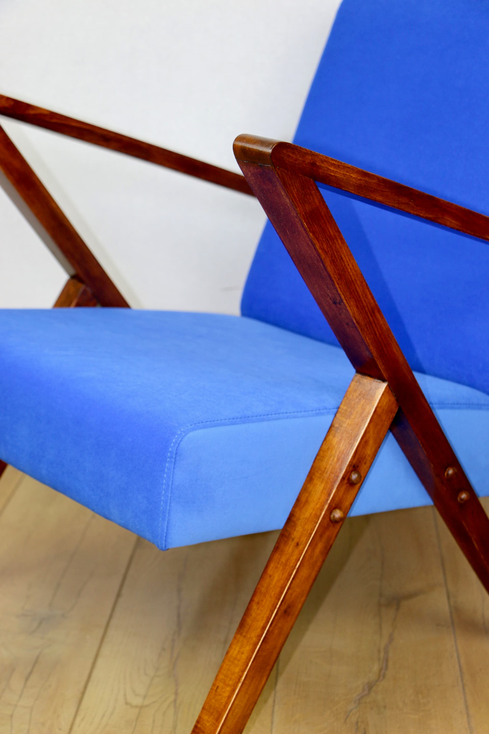 Lounge Armchair, blue velvet, brown beech, Poland, 1970s. - 343620