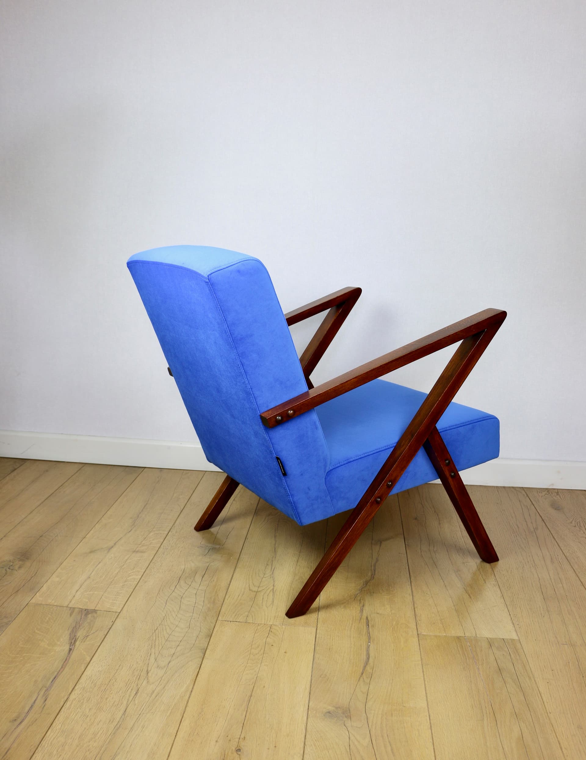 Lounge Armchair, blue velvet, brown beech, Poland, 1970s. - 343616