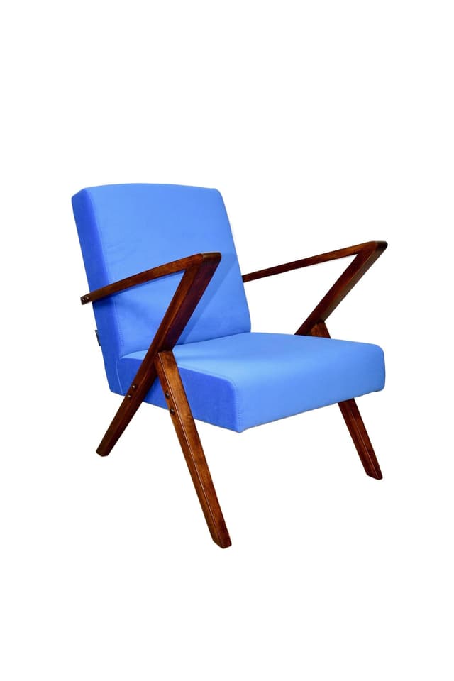 Lounge Armchair, blue velvet, brown beech, Poland, 1970s. - DIMENSION