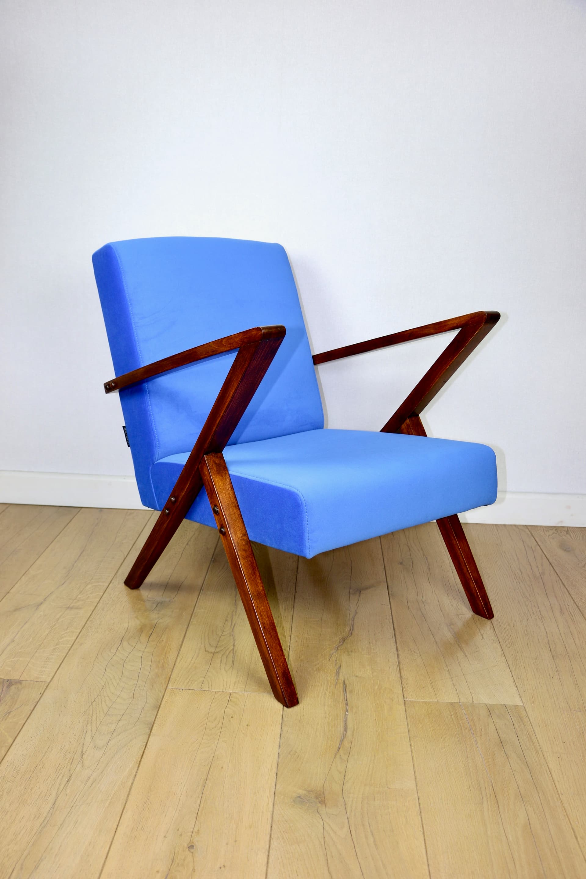 Lounge Armchair, blue velvet, brown beech, Poland, 1970s. - 343613