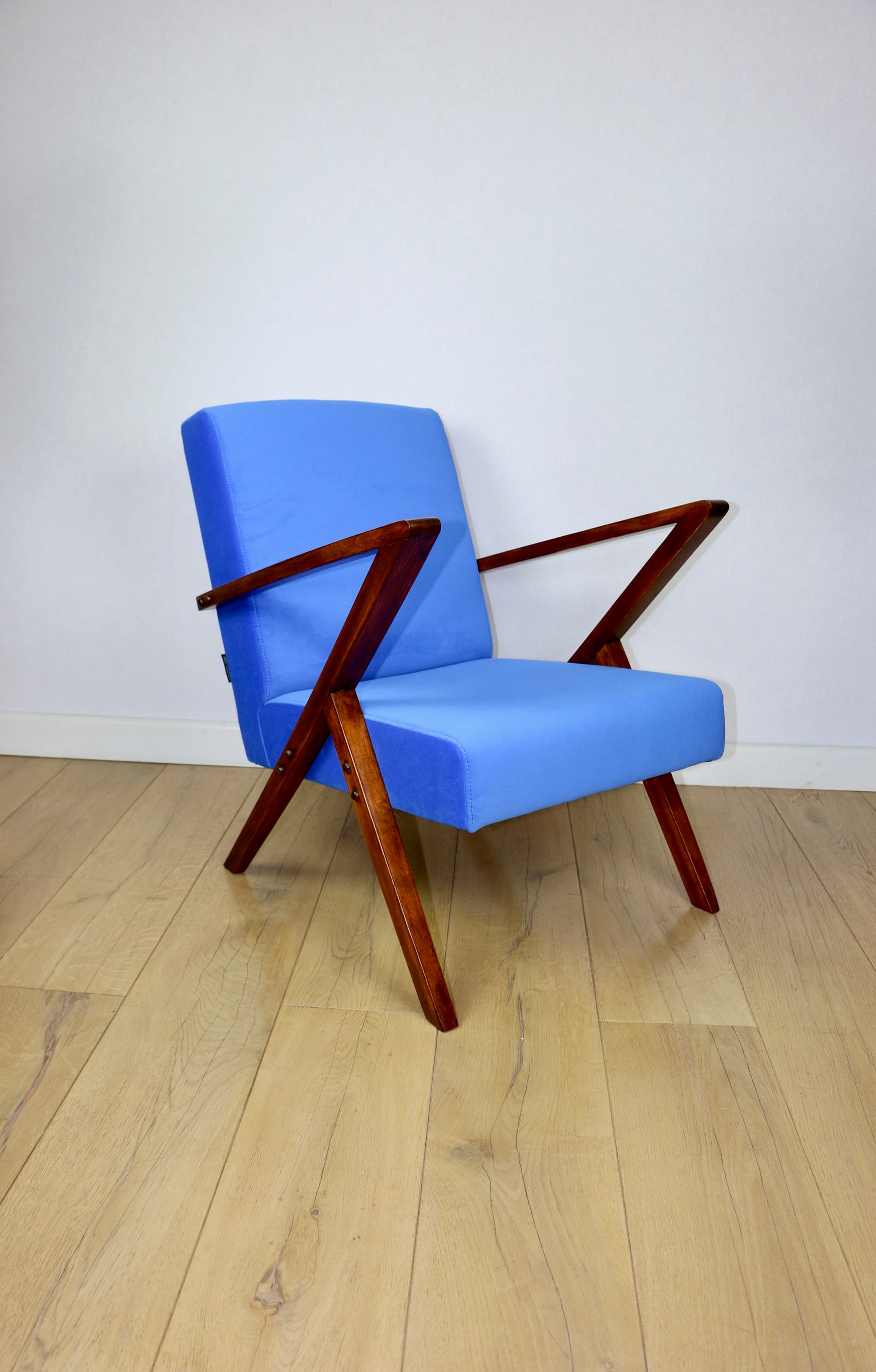 Lounge Armchair, blue velvet, brown beech, Poland, 1970s. - 343615