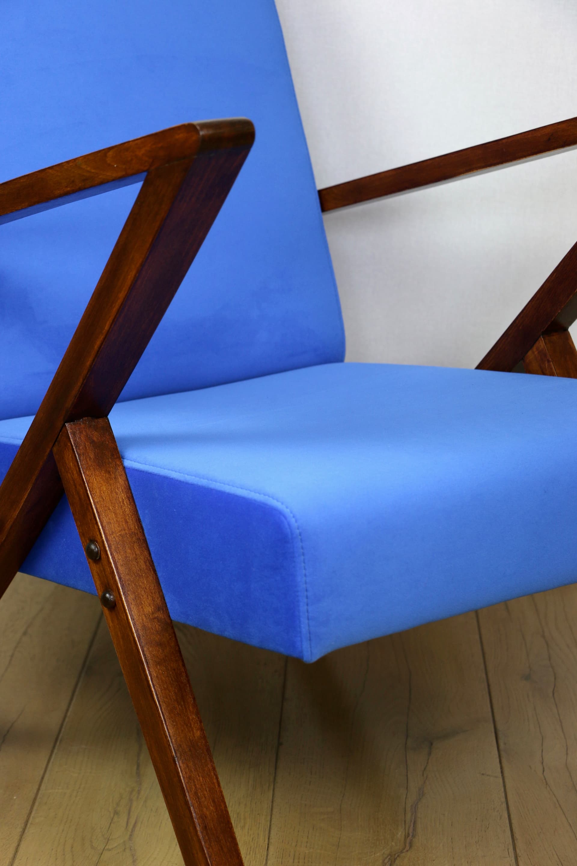 Lounge Armchair, blue velvet, brown beech, Poland, 1970s. - 343614
