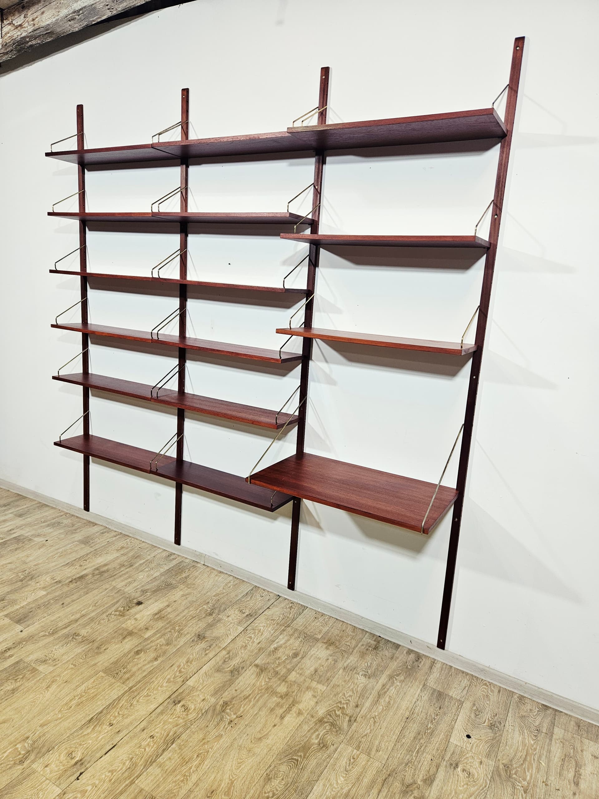 Modular shelving unit Royal System, brown, teak rosewood, brass gold, by P. Cadovius - 343800
