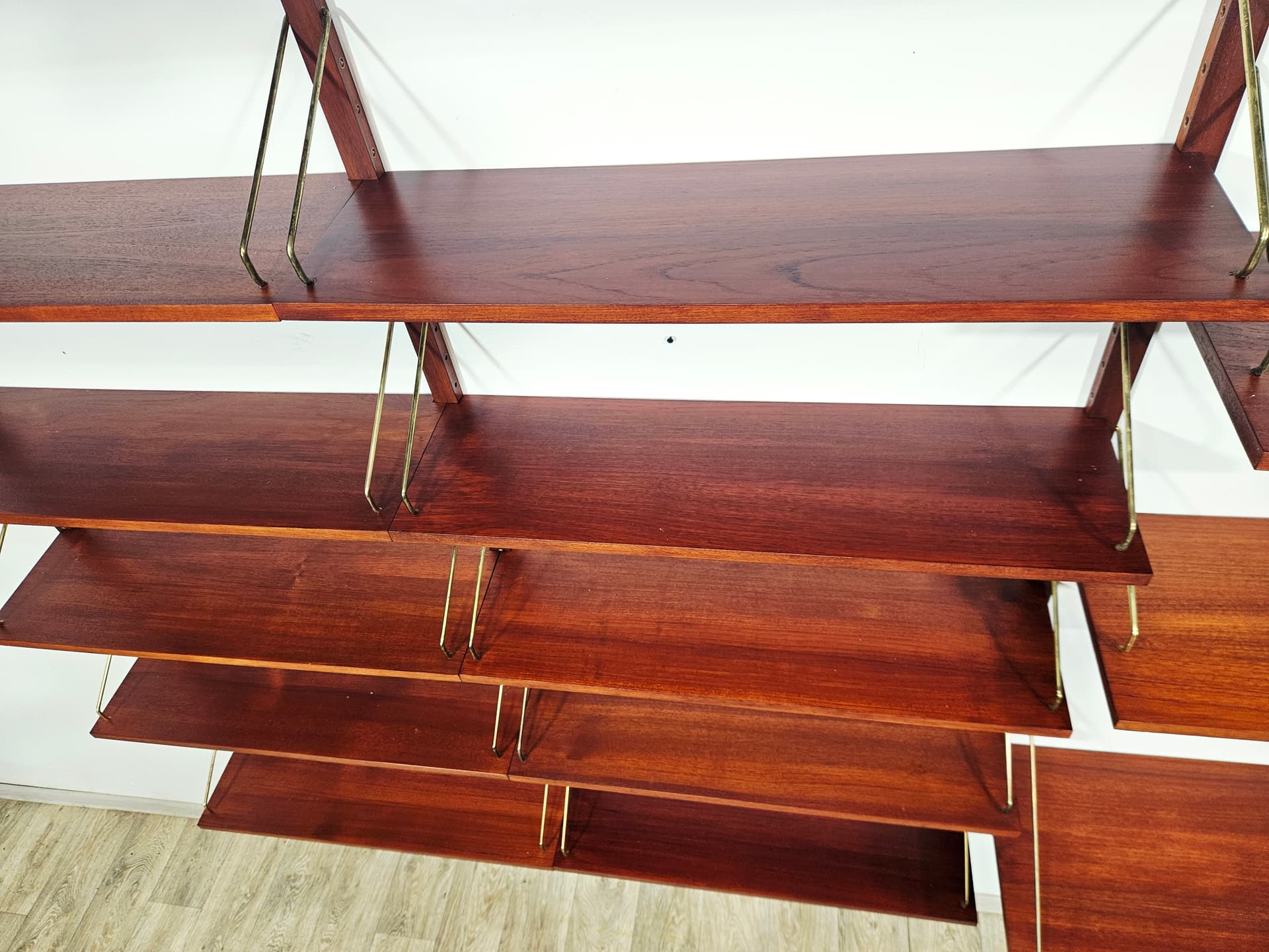 Modular shelving unit Royal System, brown, teak rosewood, brass gold, by P. Cadovius - 343806