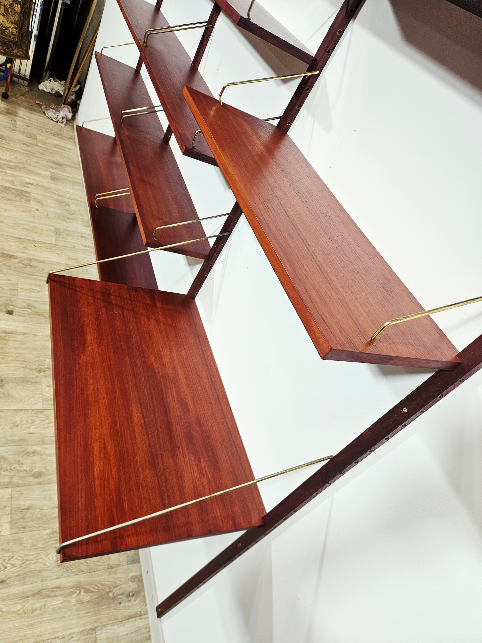 Modular shelving unit Royal System, brown, teak rosewood, brass gold, by P. Cadovius - 343802