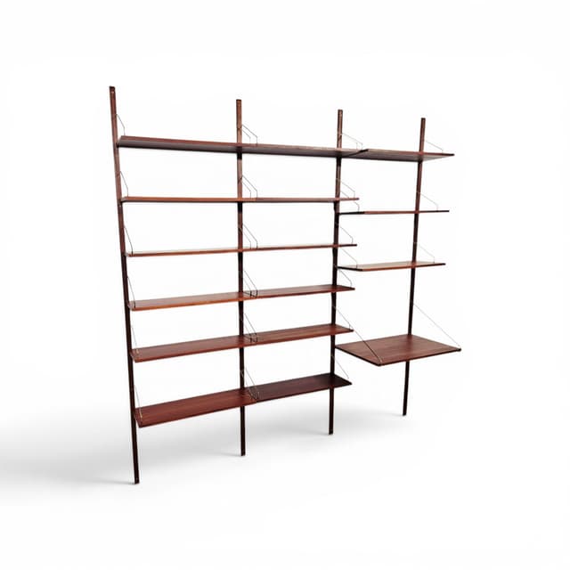 Modular shelving unit Royal System, brown, teak rosewood, brass gold, by P. Cadovius - DIMENSION
