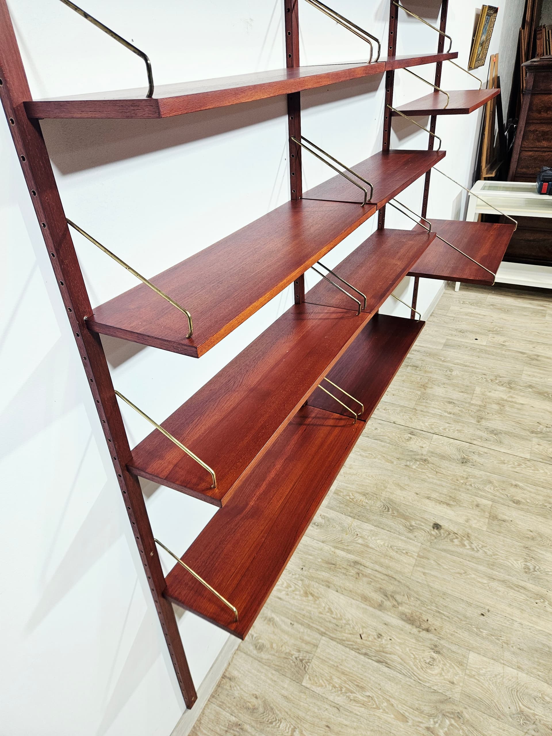 Modular shelving unit Royal System, brown, teak rosewood, brass gold, by P. Cadovius - 343803