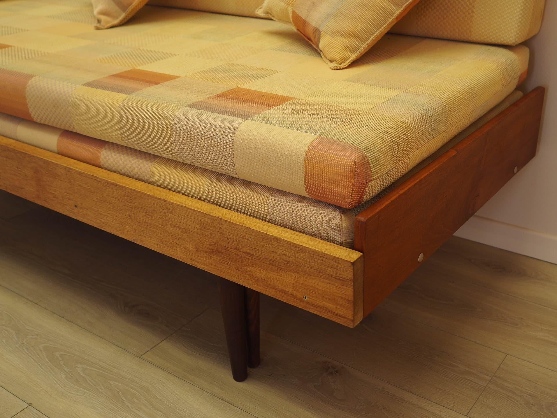 Sofa bed, yellow wool, wood, Denmark, 1970s. - 343857