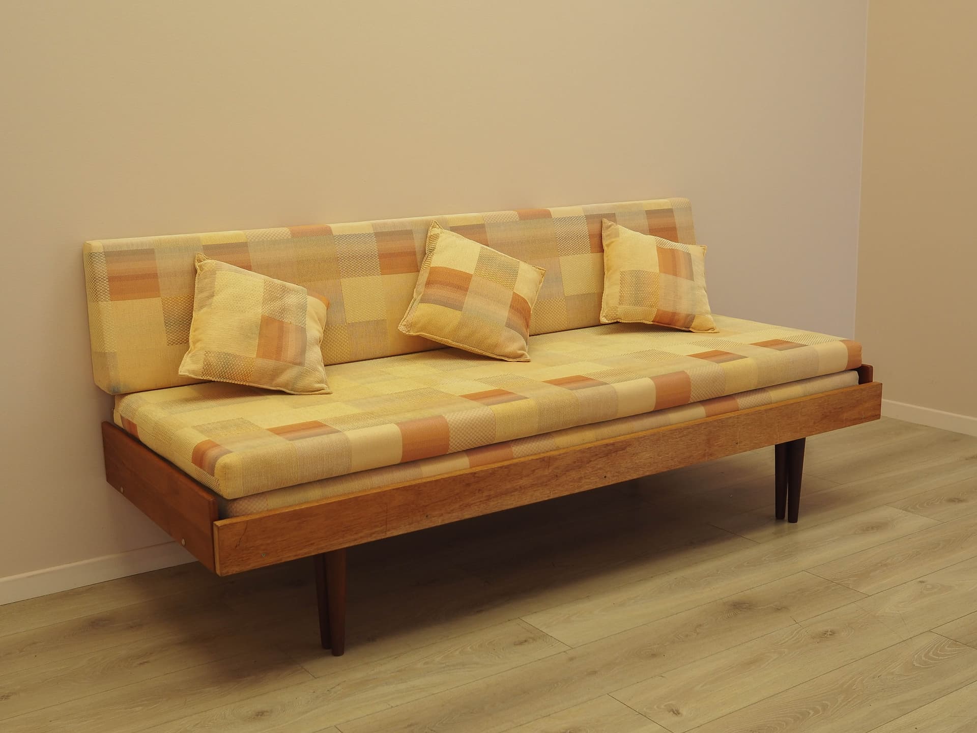 Sofa bed, yellow wool, wood, Denmark, 1970s. - 343855