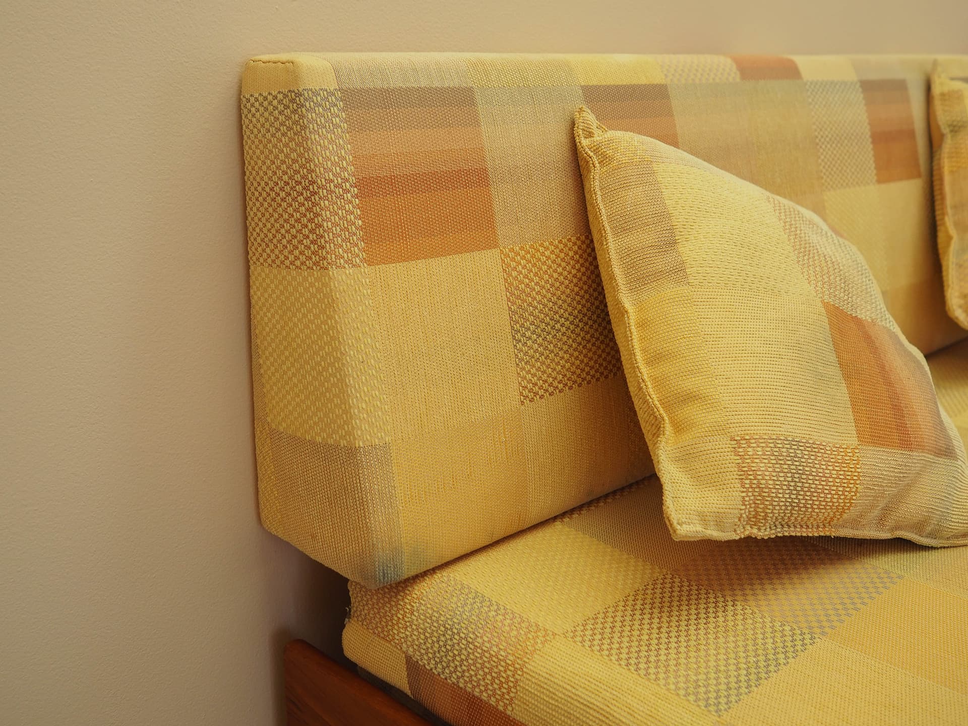 Sofa bed, yellow wool, wood, Denmark, 1970s. - 343865
