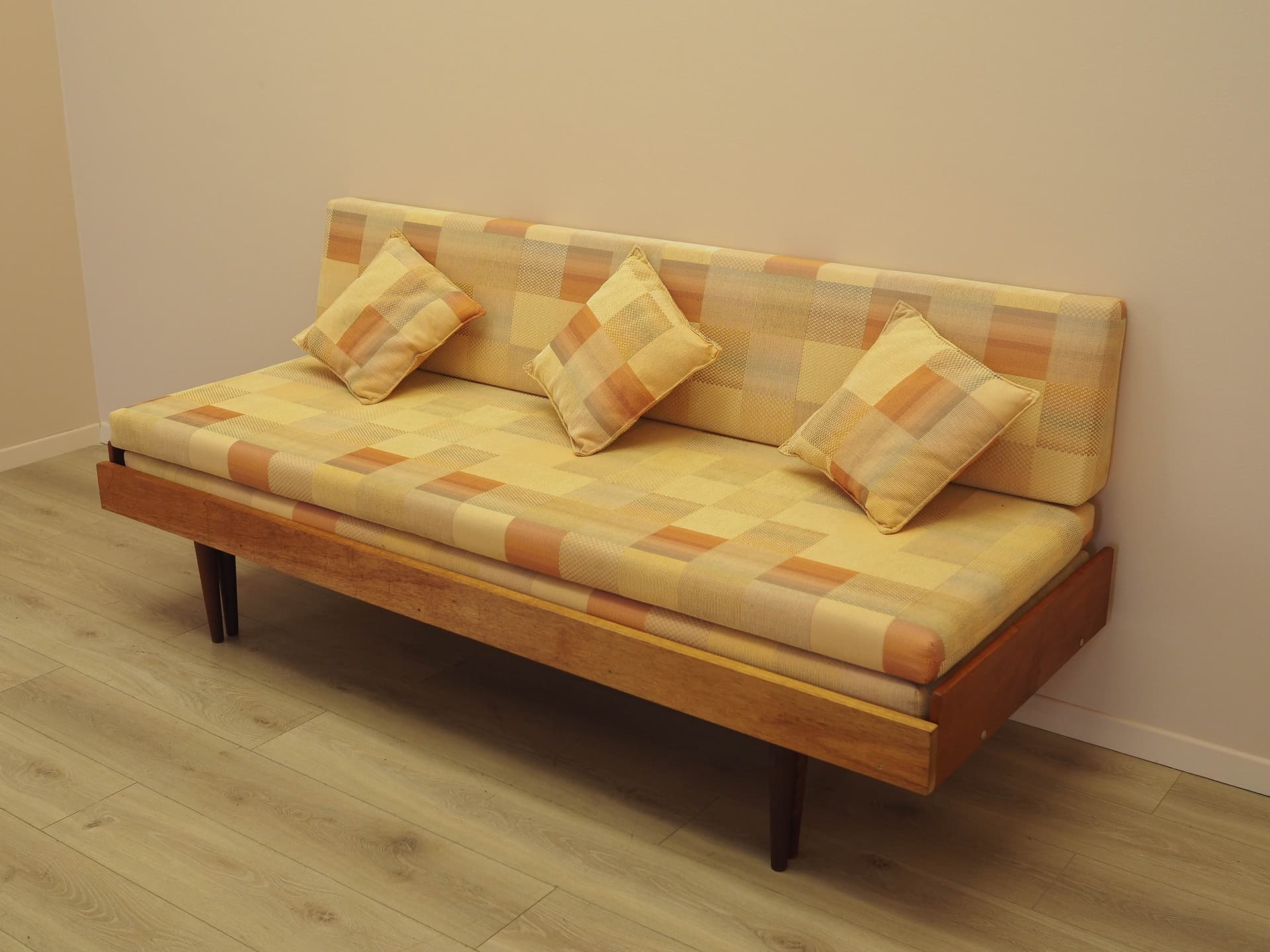 Sofa bed, yellow wool, wood, Denmark, 1970s. - 343856