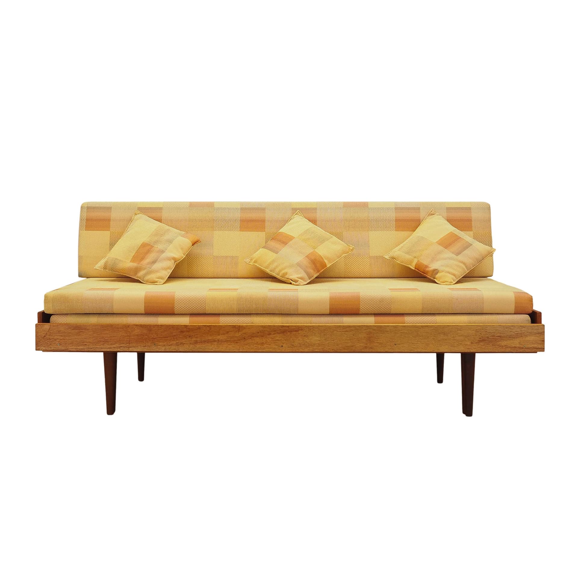 Sofa bed, yellow wool, wood, Denmark, 1970s.