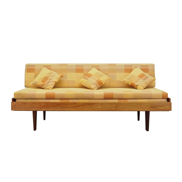 Sofa bed, yellow wool, wood, Denmark, 1970s. - DIMENSION