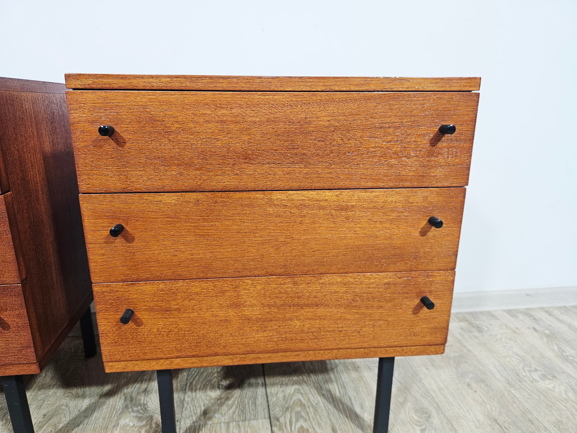 Pair of nightstands Twen, brown veneer, black steel, by G. Renkel, REGO - 343946