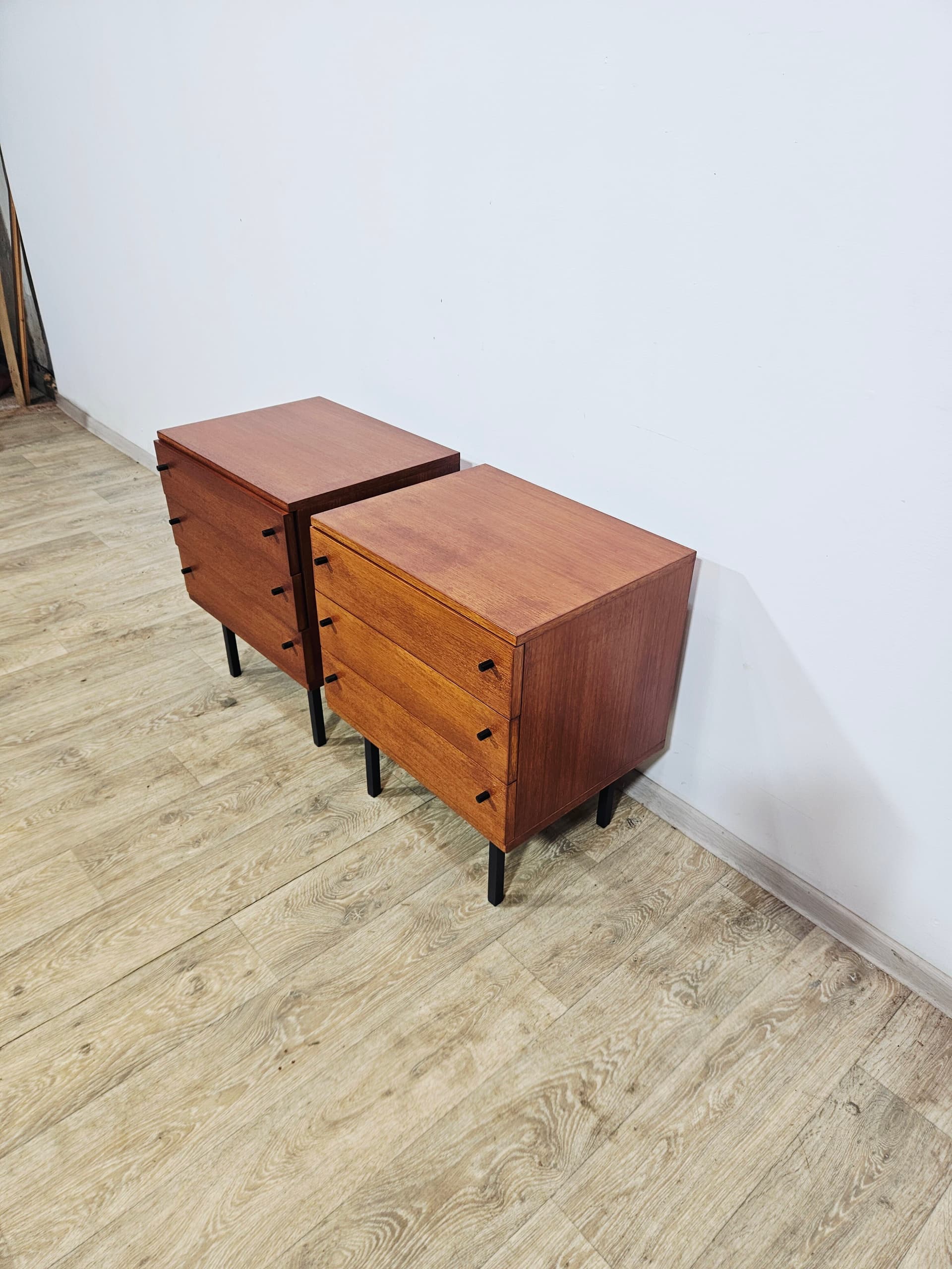 Pair of nightstands Twen, brown veneer, black steel, by G. Renkel, REGO - 343955
