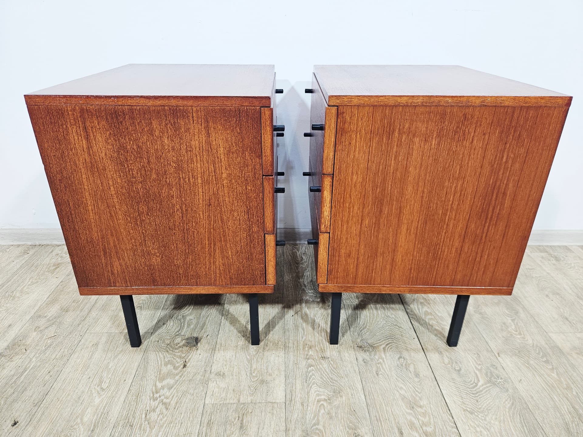 Pair of nightstands Twen, brown veneer, black steel, by G. Renkel, REGO - 343957