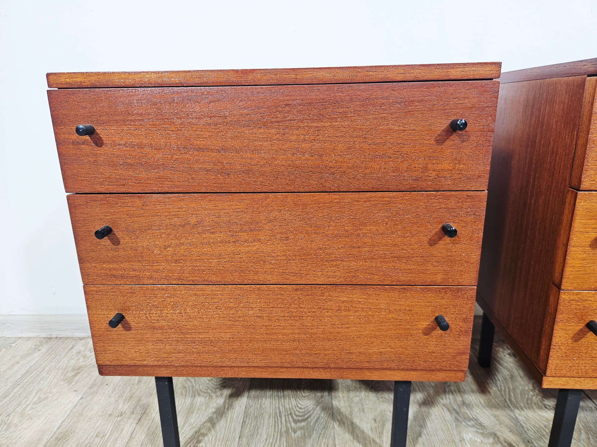 Pair of nightstands Twen, brown veneer, black steel, by G. Renkel, REGO - 343951