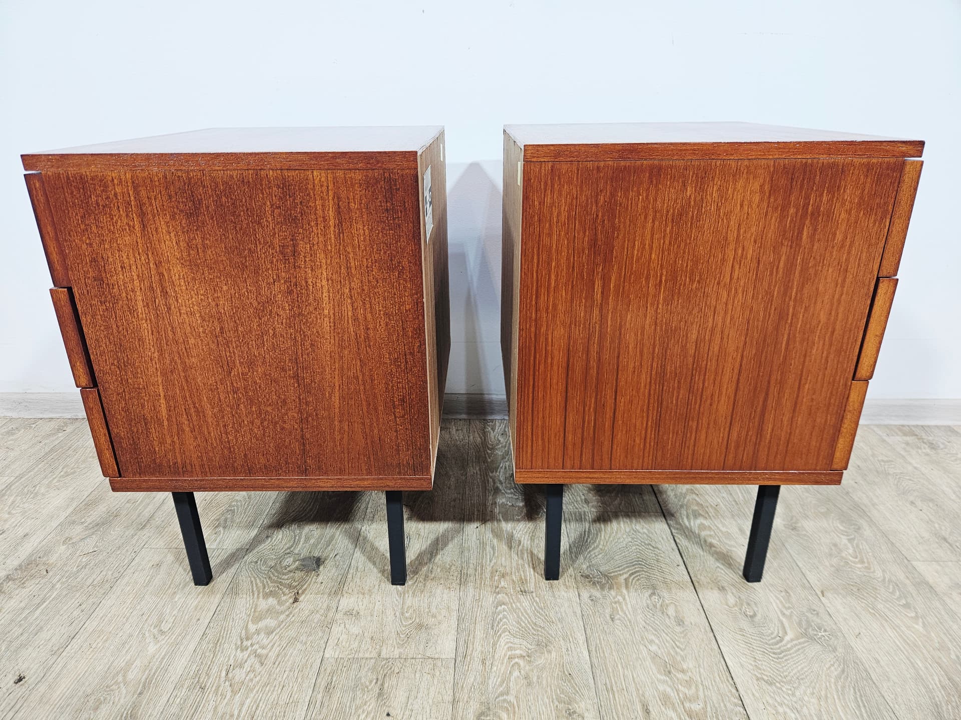 Pair of nightstands Twen, brown veneer, black steel, by G. Renkel, REGO - 343949
