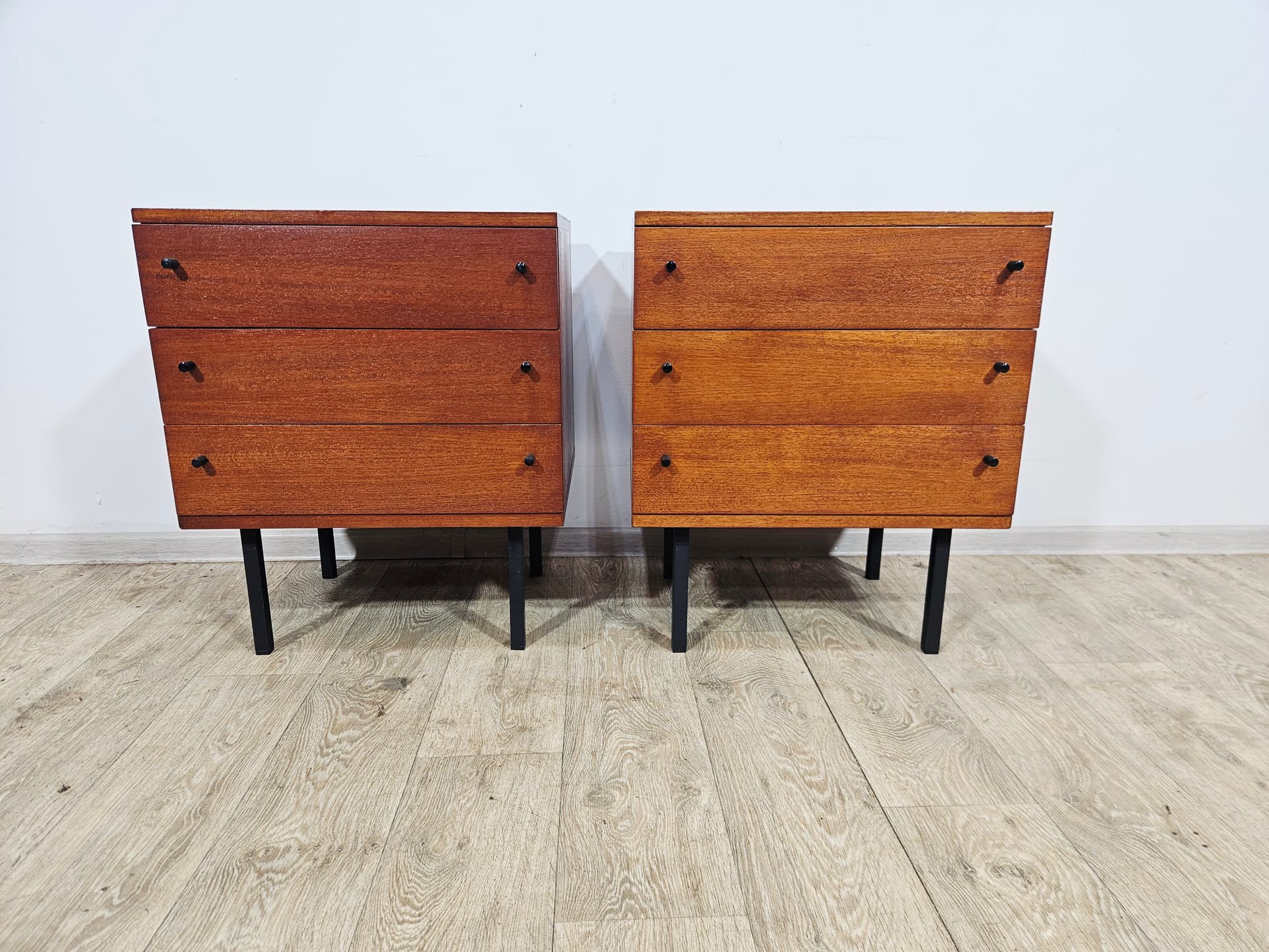Pair of nightstands Twen, brown veneer, black steel, by G. Renkel, REGO - 343944