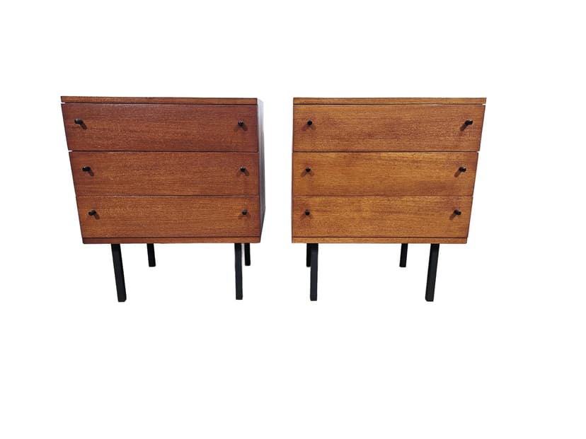 Pair of nightstands Twen, brown veneer, black steel, by G. Renkel, REGO