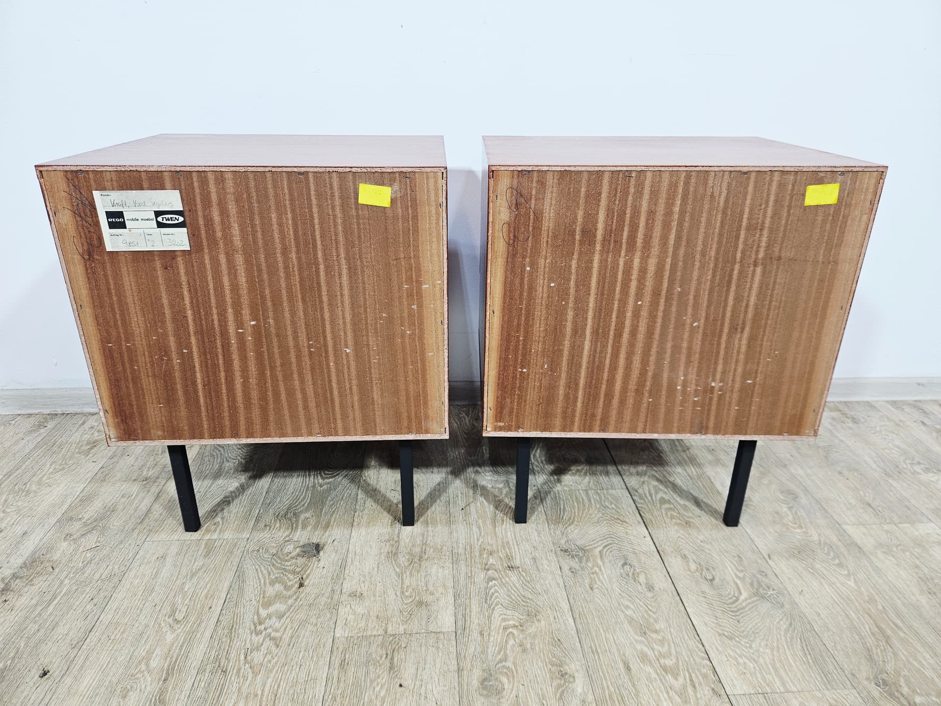 Pair of nightstands Twen, brown veneer, black steel, by G. Renkel, REGO - 343948