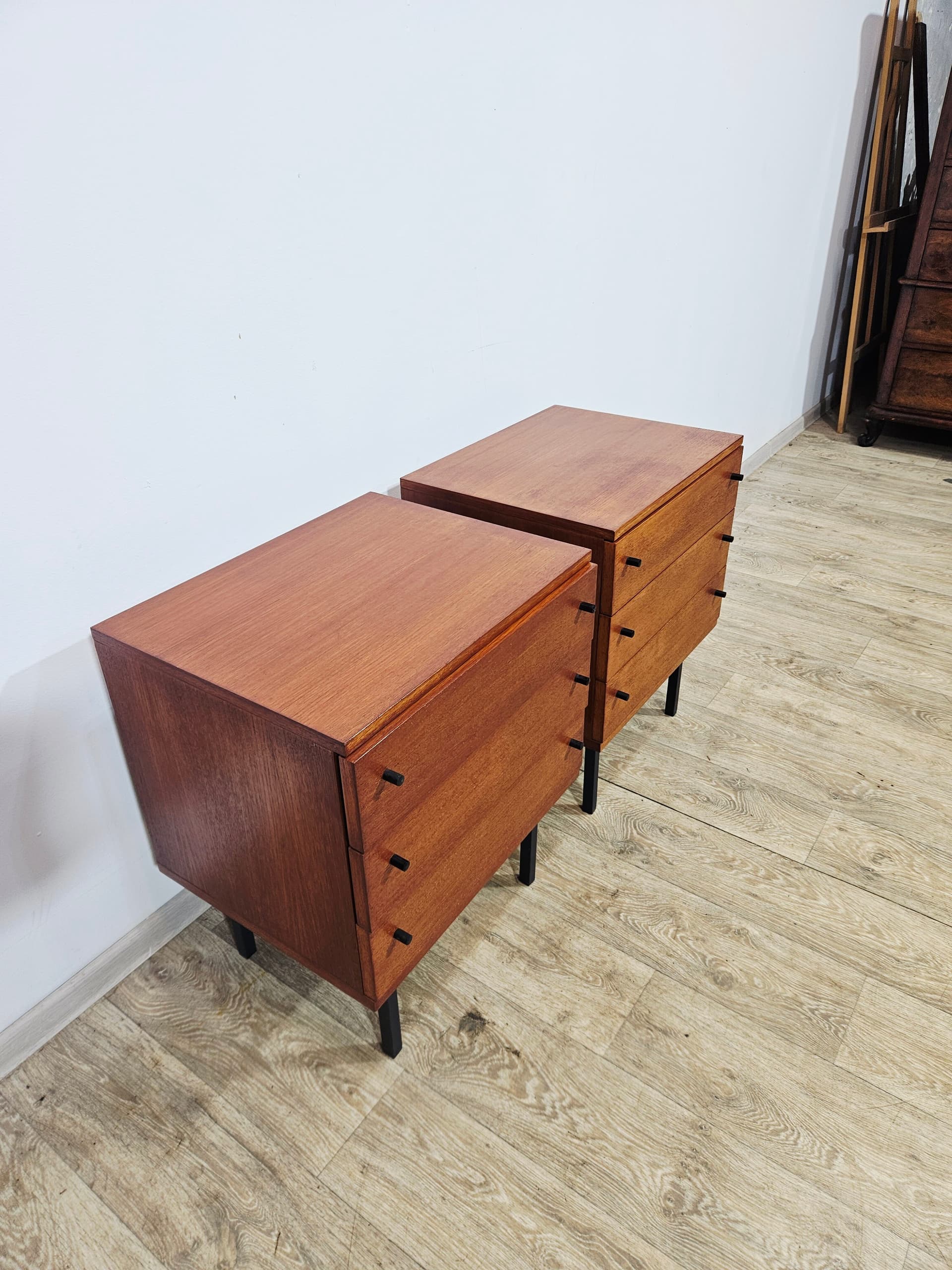 Pair of nightstands Twen, brown veneer, black steel, by G. Renkel, REGO - 343956