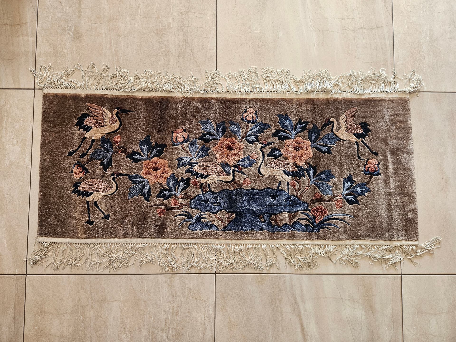 Vintage rug, silk, brown, 124cm x 47cm - 344023