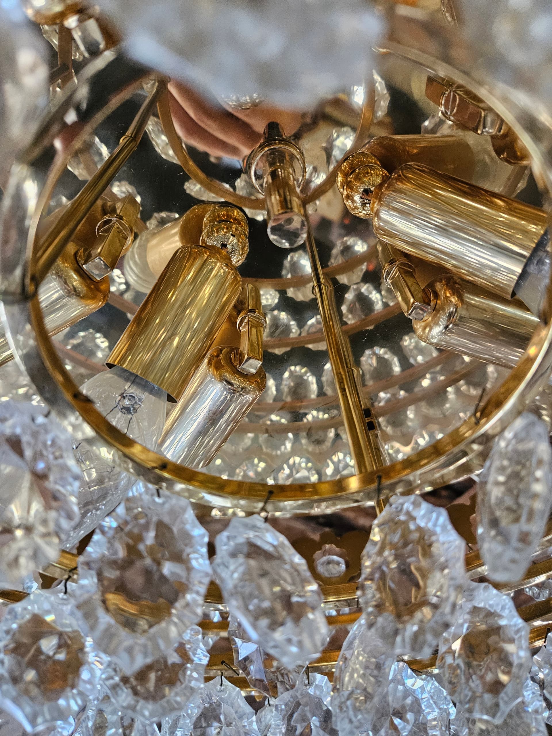Flush mount/wall light, Palwa, brass gold, crystal transparent, Germany - 344055